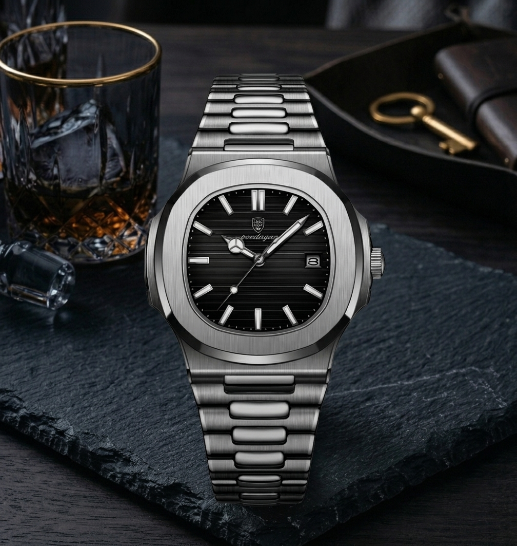 POEDAGAR 613 Square Luxury Men's Watch – Silver & Black