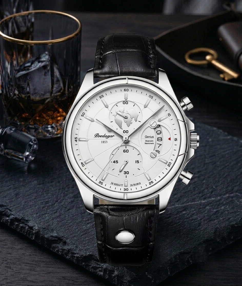 POEDAGAR 989 Classic Men's Leather Watch – Silver & White Dial