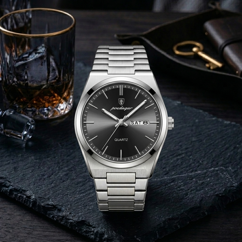 POEDAGAR 930 Luxury Men's Watch – Silver & Black Dial