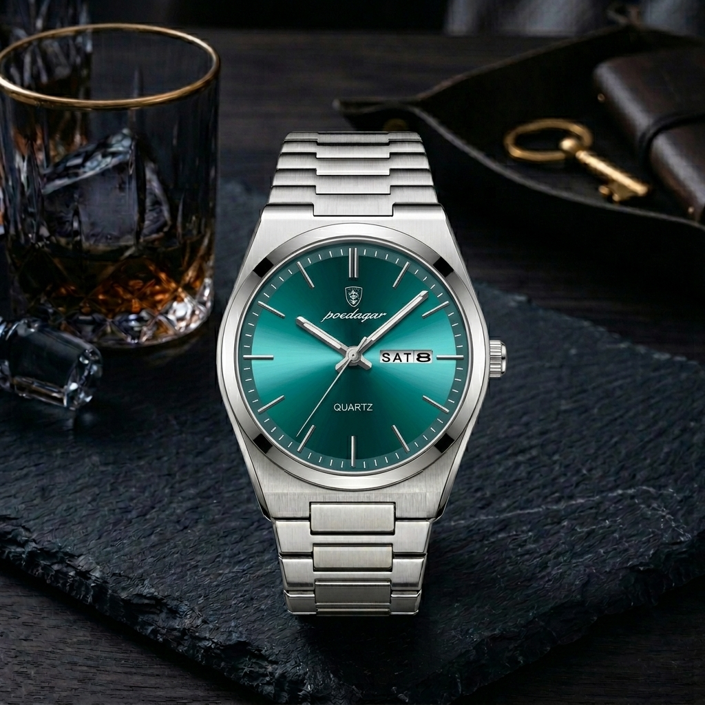 POEDAGAR 930 Luxury Men's Watch – Silver & Green Dial